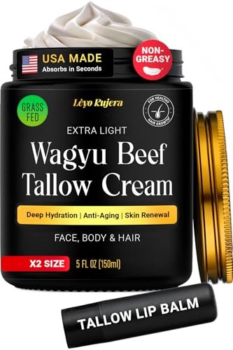 Non-Greasy Beef Tallow for Skin & Beef Tallow Lip Balm 5OZ - Whipped Grass Fed Beef Tallow with Shea Butter & Vitamin E, Face Moisturizer Cream for Women & Men, Anti-Aging Face Moisturizer Avelisse