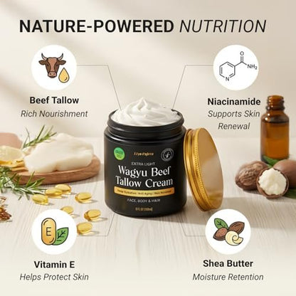 Non-Greasy Beef Tallow for Skin & Beef Tallow Lip Balm 5OZ - Whipped Grass Fed Beef Tallow with Shea Butter & Vitamin E, Face Moisturizer Cream for Women & Men, Anti-Aging Face Moisturizer Avelisse