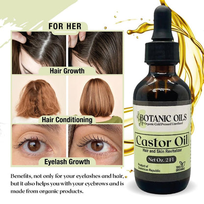 Botanic Oils 100% Pure Castor Oil – 2 fl oz | Cold Pressed | Hair Growth, Lash & Brow Strengthening, Skin & Nail Hydration