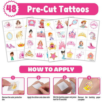 Cherisnowy 72-Piece Little Princess Party Set: 48 Temporary Tattoos & 24 Slap Bracelets for Girls - Cute Birthday Supplies, Baby Shower Gifts, Classroom Rewards & Princess-Themed Decor