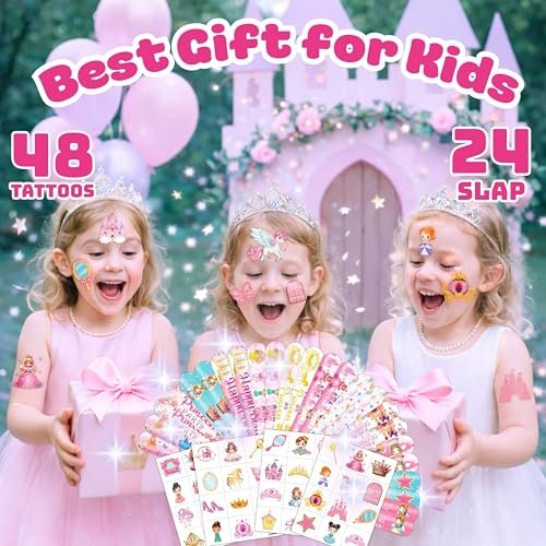 Cherisnowy 72-Piece Little Princess Party Set: 48 Temporary Tattoos & 24 Slap Bracelets for Girls - Cute Birthday Supplies, Baby Shower Gifts, Classroom Rewards & Princess-Themed Decor - görsel 8