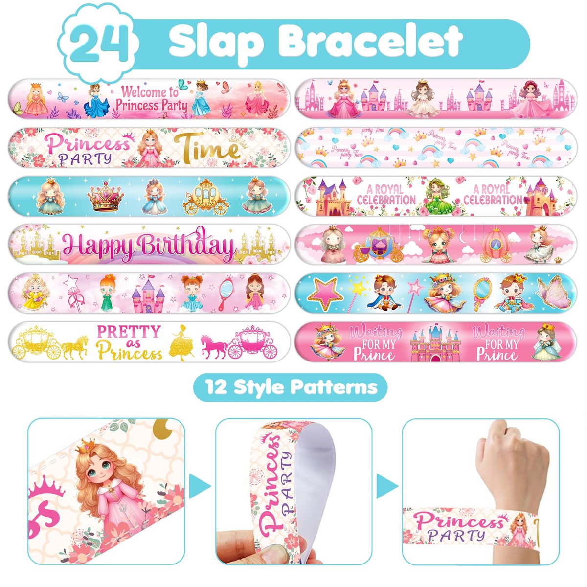 Cherisnowy 72-Piece Little Princess Party Set: 48 Temporary Tattoos & 24 Slap Bracelets for Girls - Cute Birthday Supplies, Baby Shower Gifts, Classroom Rewards & Princess-Themed Decor - görsel 13