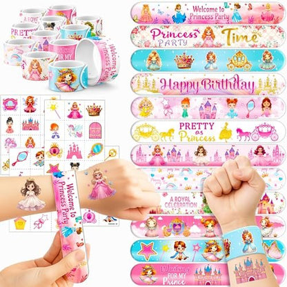 Cherisnowy 72-Piece Little Princess Party Set: 48 Temporary Tattoos & 24 Slap Bracelets for Girls - Cute Birthday Supplies, Baby Shower Gifts, Classroom Rewards & Princess-Themed Decor