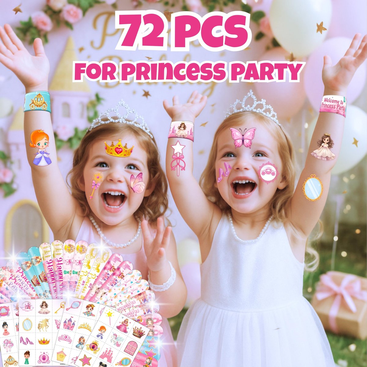 Cherisnowy 72-Piece Little Princess Party Set: 48 Temporary Tattoos & 24 Slap Bracelets for Girls - Cute Birthday Supplies, Baby Shower Gifts, Classroom Rewards & Princess-Themed Decor - görsel 3