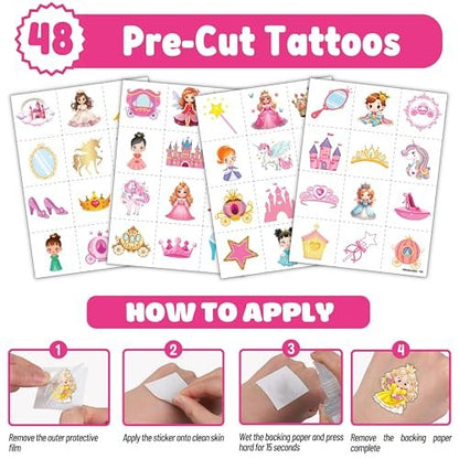 Cherisnowy 72-Piece Little Princess Party Set: 48 Temporary Tattoos & 24 Slap Bracelets for Girls - Cute Birthday Supplies, Baby Shower Gifts, Classroom Rewards & Princess-Themed Decor