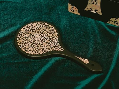 February Mountain Mother-of-Pearl Hand Mirror – Korean Black Lacquer Mirror with Floral Inlay
