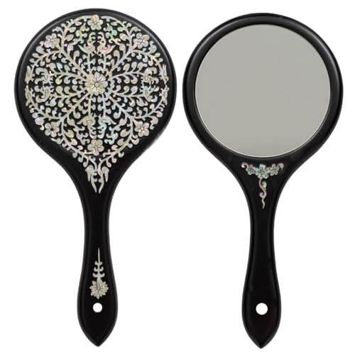 February Mountain Mother-of-Pearl Hand Mirror – Korean Black Lacquer Mirror with Floral Inlay - görsel 2