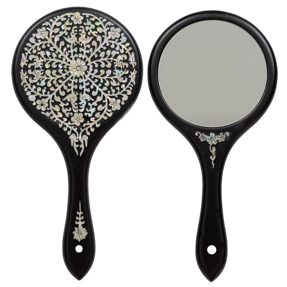 February Mountain Mother-of-Pearl Hand Mirror – Korean Black Lacquer Mirror with Floral Inlay - görsel 1