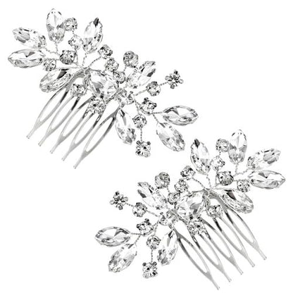 2 Pcs Silver Flower Rhinestone Bridal Hair Comb Set - Elegant Wedding Hair Accessories for Bride & Bridesmaids
