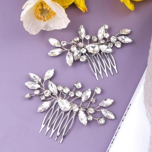 2 Pcs Silver Flower Rhinestone Bridal Hair Comb Set - Elegant Wedding Hair Accessories for Bride & Bridesmaids - görsel 6
