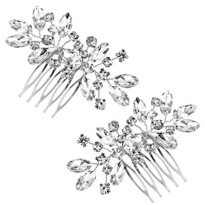 2 Pcs Silver Flower Rhinestone Bridal Hair Comb Set - Elegant Wedding Hair Accessories for Bride & Bridesmaids