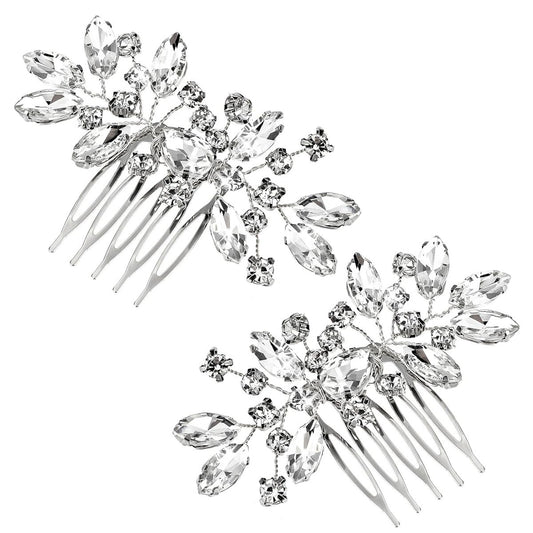 2 Pcs Silver Flower Rhinestone Bridal Hair Comb Set - Elegant Wedding Hair Accessories for Bride & Bridesmaids