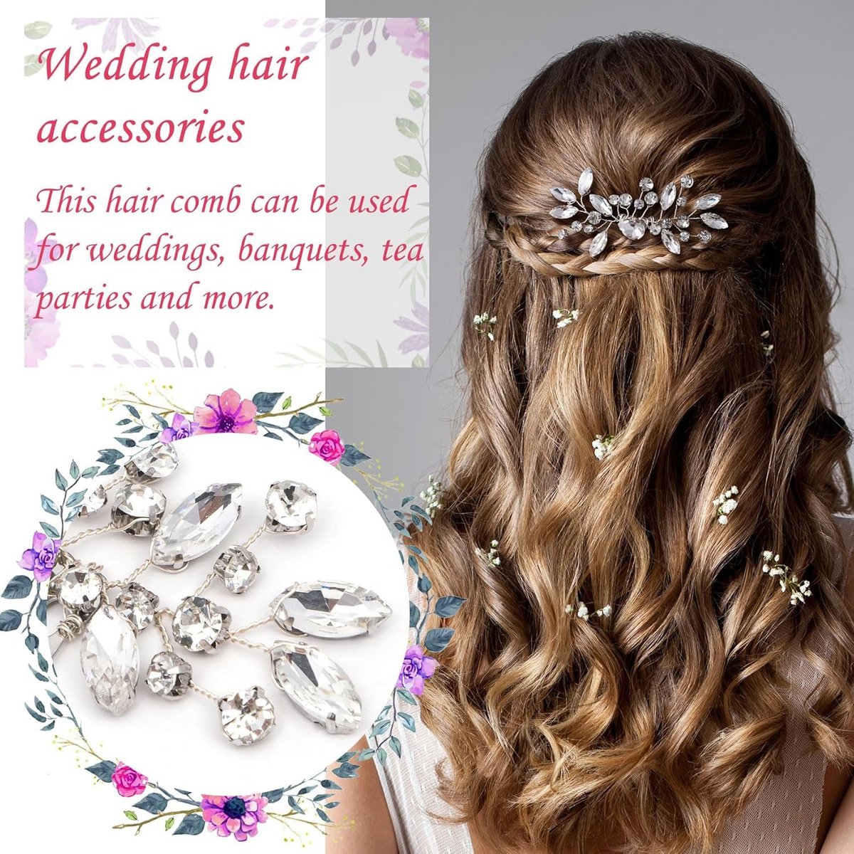 2 Pcs Silver Flower Rhinestone Bridal Hair Comb Set - Elegant Wedding Hair Accessories for Bride & Bridesmaids - görsel 9