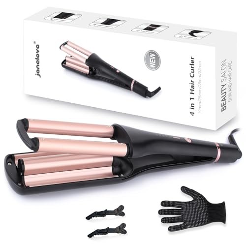 janelove 4 in 1 Hair Crimper - Professional Ceramic Tourmaline Waver for Beach Waves, Mermaid Waves & Deep Defined Waves (0.75/1/1.1/1.25 Inch, Pink) Avelisse