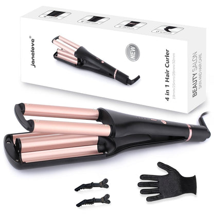 janelove 4 in 1 Hair Crimper - Professional Ceramic Tourmaline Waver for Beach Waves, Mermaid Waves & Deep Defined Waves (0.75/1/1.1/1.25 Inch, Pink) Avelisse