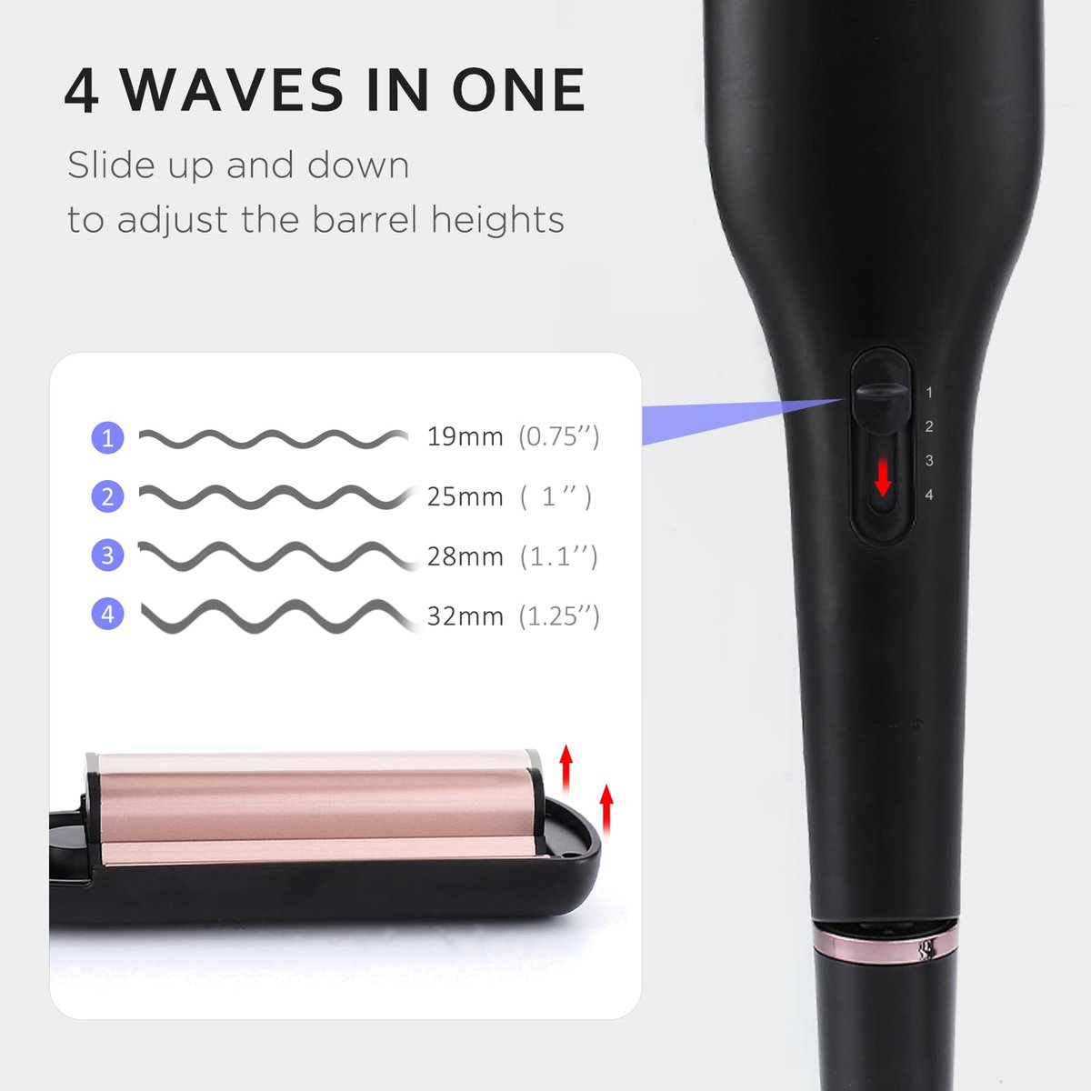 janelove 4 in 1 Hair Crimper - Professional Ceramic Tourmaline Waver for Beach Waves, Mermaid Waves & Deep Defined Waves (0.75/1/1.1/1.25 Inch, Pink) Avelisse