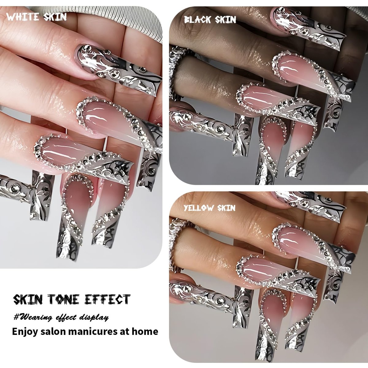 Long Press on Silver Nails with Rhinestones and Heart Designs - False Acrylic Nails for Women - görsel 17