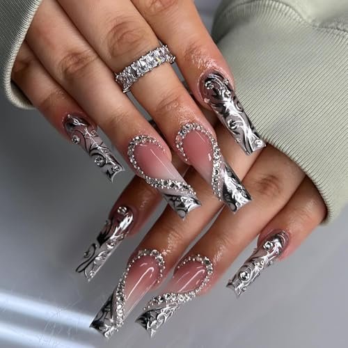 Long Press on Silver Nails with Rhinestones and Heart Designs - False Acrylic Nails for Women - görsel 2