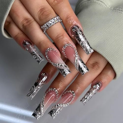 Long Press on Silver Nails with Rhinestones and Heart Designs - False Acrylic Nails for Women