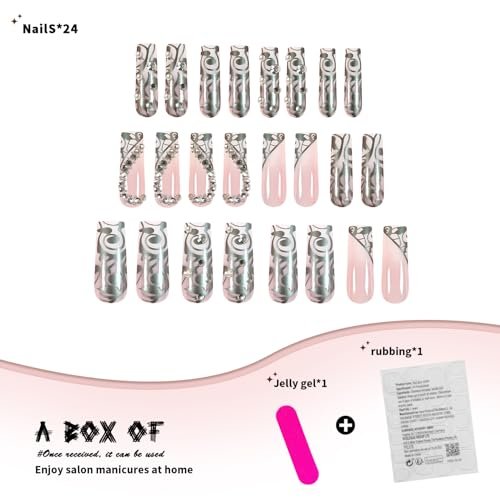 Long Press on Silver Nails with Rhinestones and Heart Designs - False Acrylic Nails for Women - görsel 4