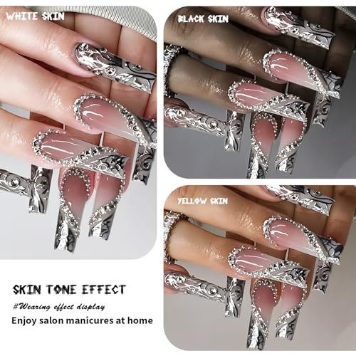 Long Press on Silver Nails with Rhinestones and Heart Designs - False Acrylic Nails for Women - görsel 18