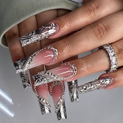 Long Press on Silver Nails with Rhinestones and Heart Designs - False Acrylic Nails for Women - görsel 8