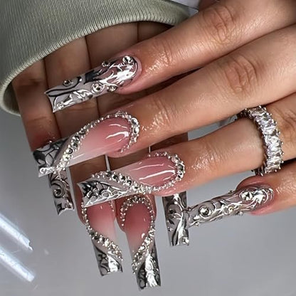 Long Press on Silver Nails with Rhinestones and Heart Designs - False Acrylic Nails for Women
