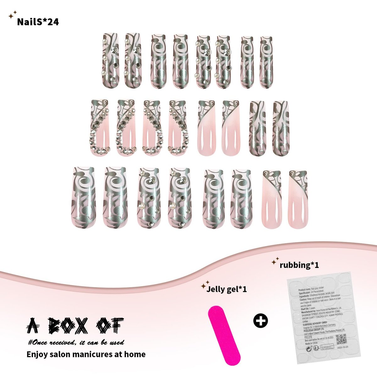 Long Press on Silver Nails with Rhinestones and Heart Designs - False Acrylic Nails for Women - görsel 3