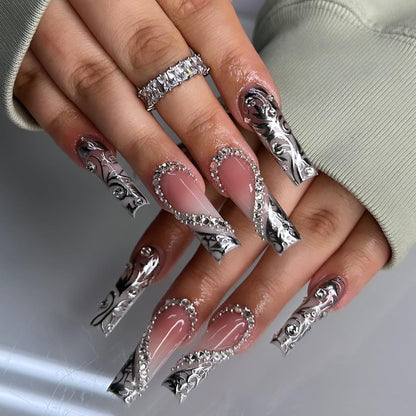 Long Press on Silver Nails with Rhinestones and Heart Designs - False Acrylic Nails for Women