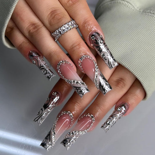 Long Press on Silver Nails with Rhinestones and Heart Designs - False Acrylic Nails for Women
