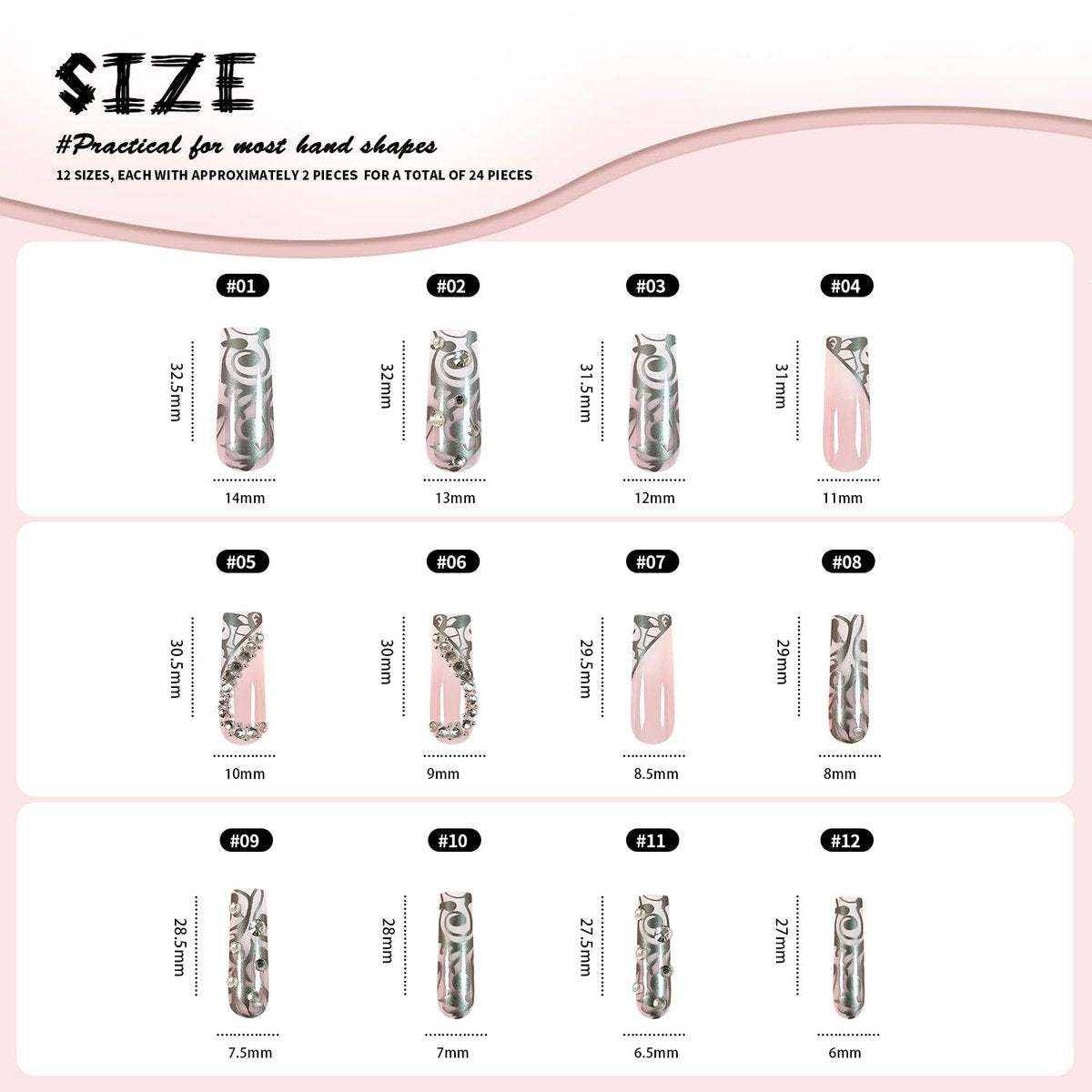 Long Press on Silver Nails with Rhinestones and Heart Designs - False Acrylic Nails for Women - görsel 9