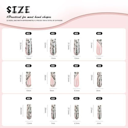Long Press on Silver Nails with Rhinestones and Heart Designs - False Acrylic Nails for Women
