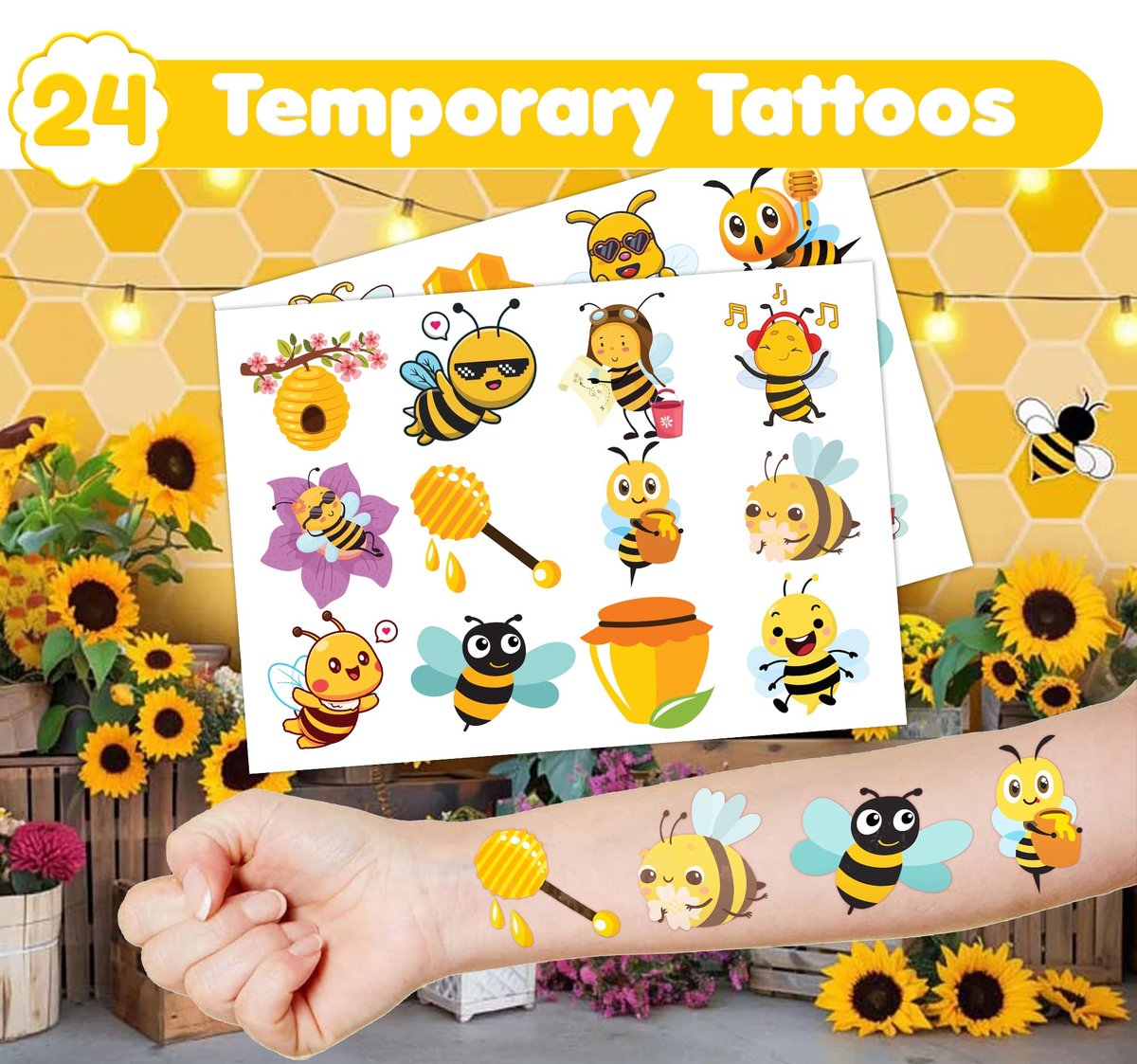 36PCS Bee Party Favors - 24 Temporary Tattoos & 12 Stamps - Honey Bee Themed Birthday Decorations, Goodie Bag Fillers, Classroom Rewards, Baby Shower Prizes for Boys & Girls Avelisse