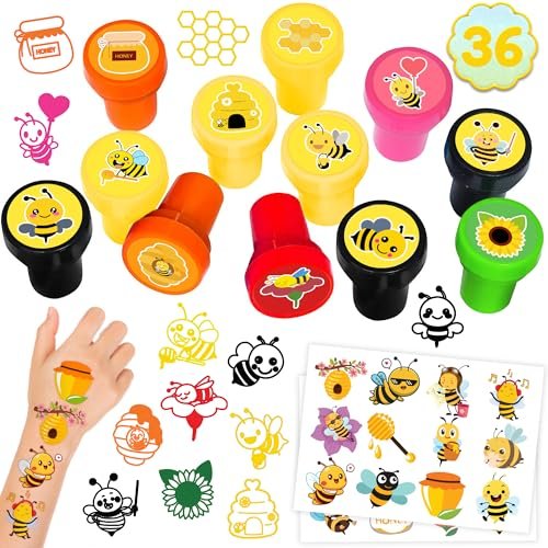 36PCS Bee Party Favors - 24 Temporary Tattoos & 12 Stamps - Honey Bee Themed Birthday Decorations, Goodie Bag Fillers, Classroom Rewards, Baby Shower Prizes for Boys & Girls Avelisse