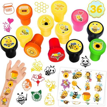 36PCS Bee Party Favors - 24 Temporary Tattoos & 12 Stamps - Honey Bee Themed Birthday Decorations, Goodie Bag Fillers, Classroom Rewards, Baby Shower Prizes for Boys & Girls Avelisse