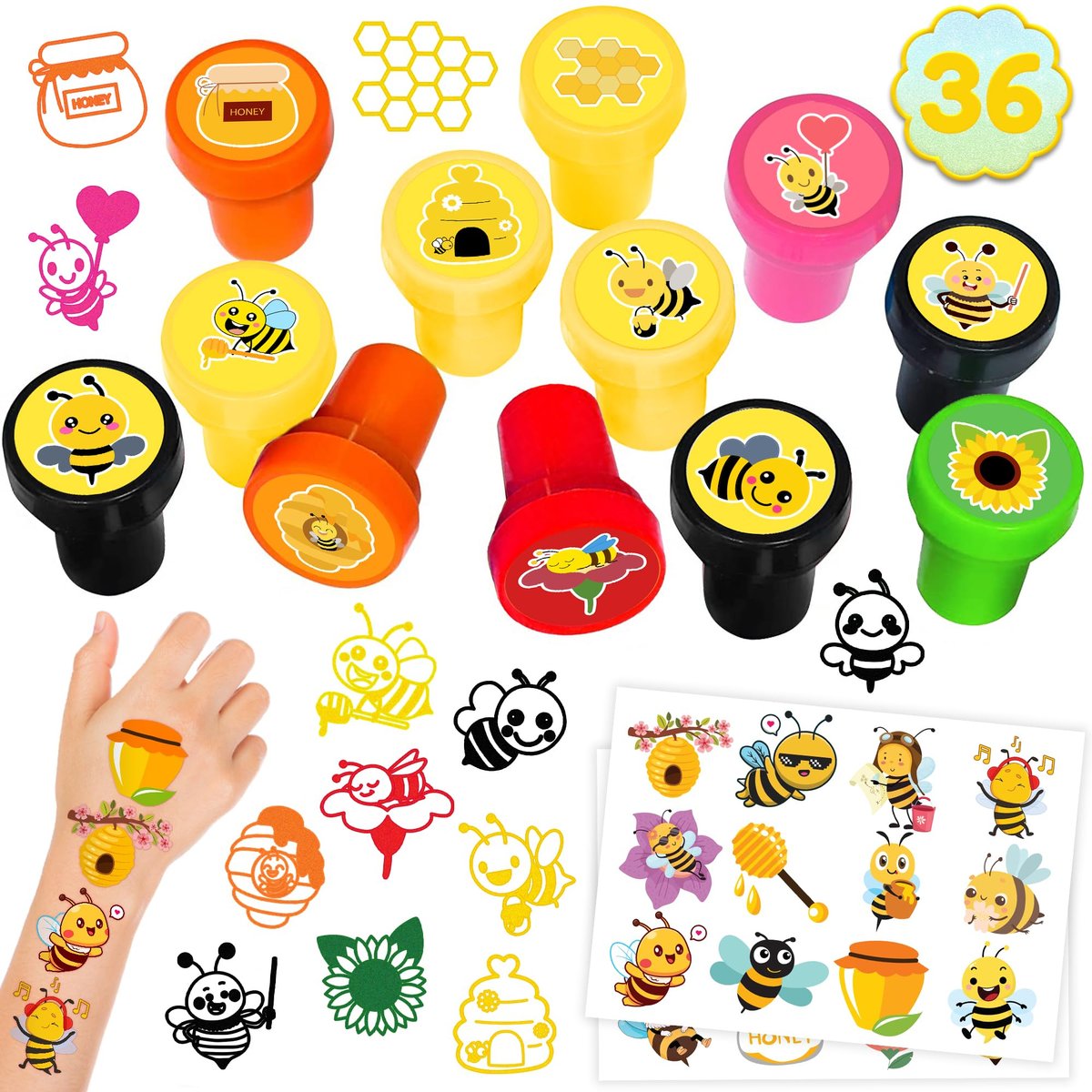 36PCS Bee Party Favors - 24 Temporary Tattoos & 12 Stamps - Honey Bee Themed Birthday Decorations, Goodie Bag Fillers, Classroom Rewards, Baby Shower Prizes for Boys & Girls Avelisse