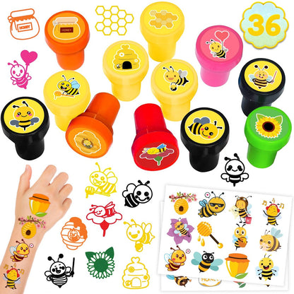 36PCS Bee Party Favors - 24 Temporary Tattoos & 12 Stamps - Honey Bee Themed Birthday Decorations, Goodie Bag Fillers, Classroom Rewards, Baby Shower Prizes for Boys & Girls Avelisse