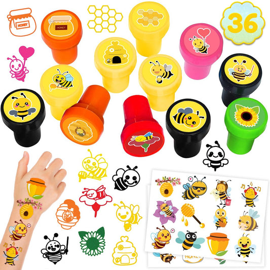 36PCS Bee Party Favors - 24 Temporary Tattoos & 12 Stamps - Honey Bee Themed Birthday Decorations, Goodie Bag Fillers, Classroom Rewards, Baby Shower Prizes for Boys & Girls Avelisse