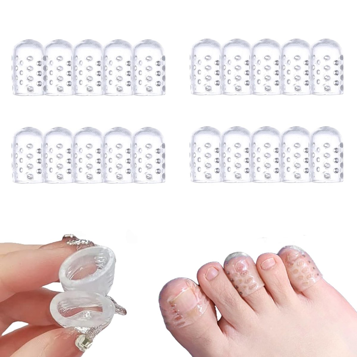 Cukux 20-Pack Silicone Toe Protectors - Anti-Friction, Breathable Toe Separators for Corns, Blisters, and Pain Relief - Clear Pinky Toe Sleeves for Women and Men - görsel 1