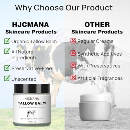HJCMANA Beef Tallow for Skin 4 OZ - Natural Unscented Tallow and Honey Balm, Grass Fed Beef Tallow for Face and All Skin Types Avelisse