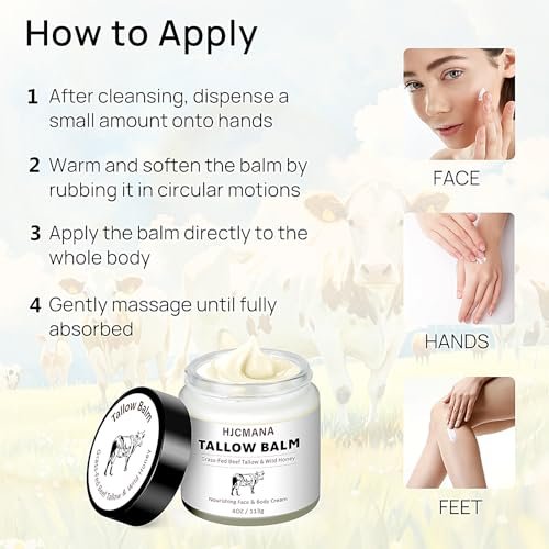 HJCMANA Beef Tallow for Skin 4 OZ - Natural Unscented Tallow and Honey Balm, Grass Fed Beef Tallow for Face and All Skin Types Avelisse
