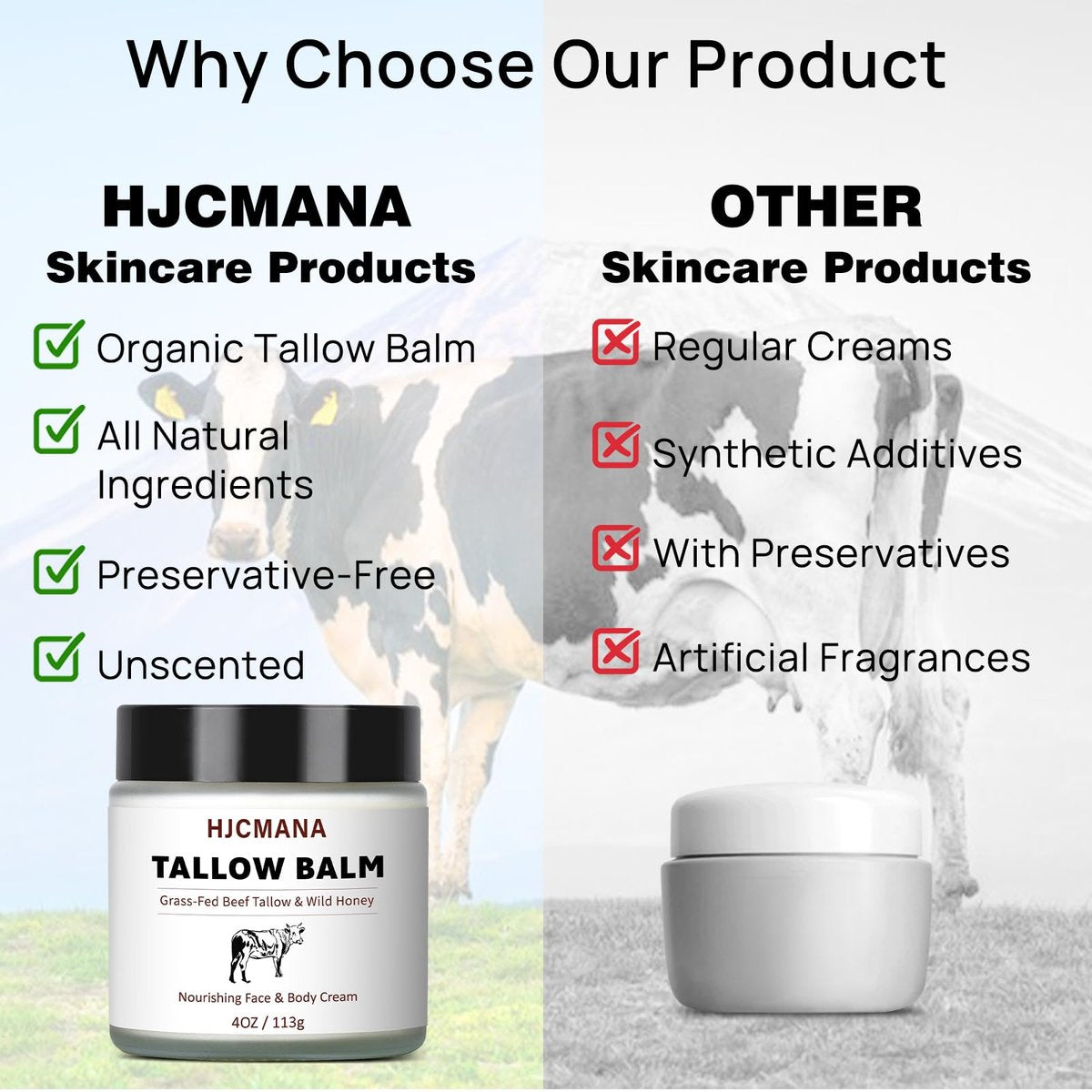 HJCMANA Beef Tallow for Skin 4 OZ - Natural Unscented Tallow and Honey Balm, Grass Fed Beef Tallow for Face and All Skin Types Avelisse