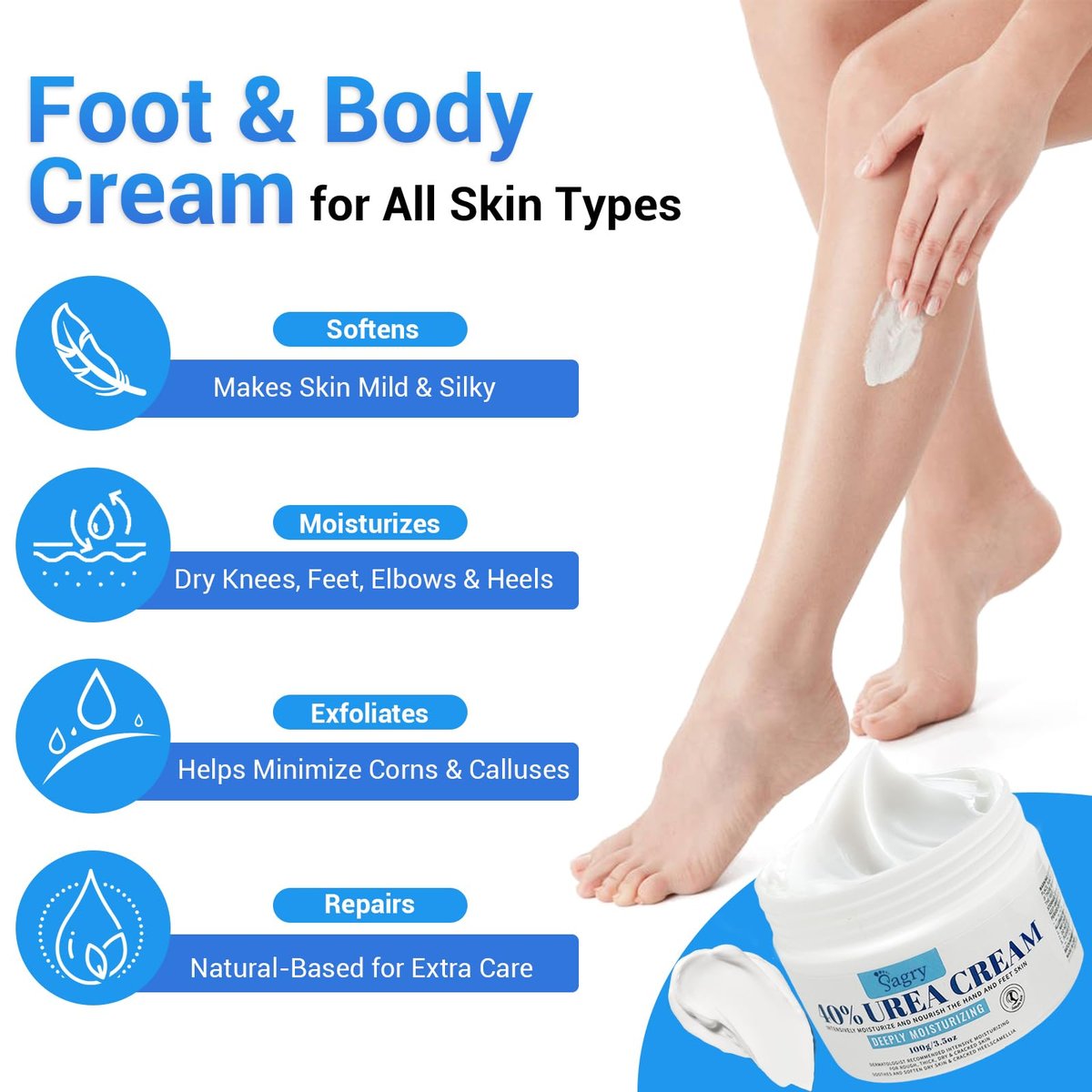 Sagry Urea Cream 40 Percent Maximum Strength for Feet, Dry Cracked Heels, Knees, Elbows, Hands - Deep Moisturizing Callus Remover & Heel Crack Repair (3.5 oz) - görsel 9