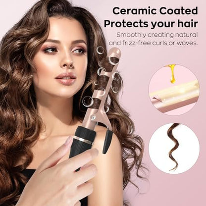 javelove 3 in 1 Curling Iron Set with Thermal Brush (1.5") and 2 Interchangeable Ceramic Curling Wands (0.51"-1"), 2 Temp Heating Setting, Heat Protective Glove & 2 Clips & Storage Bag - Pink