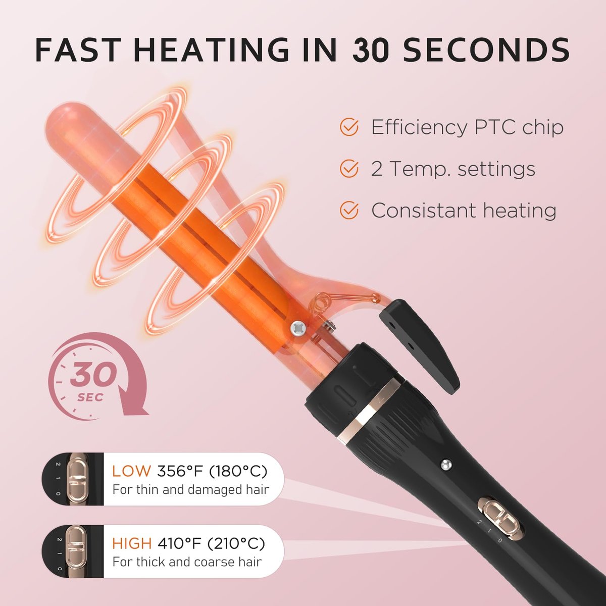 javelove 3 in 1 Curling Iron Set with Thermal Brush (1.5") and 2 Interchangeable Ceramic Curling Wands (0.51"-1"), 2 Temp Heating Setting, Heat Protective Glove & 2 Clips & Storage Bag - Pink - görsel 9