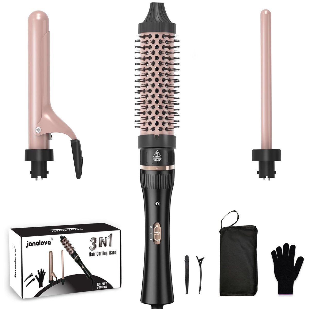 javelove 3 in 1 Curling Iron Set with Thermal Brush (1.5") and 2 Interchangeable Ceramic Curling Wands (0.51"-1"), 2 Temp Heating Setting, Heat Protective Glove & 2 Clips & Storage Bag - Pink - görsel 1