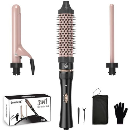 javelove 3 in 1 Curling Iron Set with Thermal Brush (1.5") and 2 Interchangeable Ceramic Curling Wands (0.51"-1"), 2 Temp Heating Setting, Heat Protective Glove & 2 Clips & Storage Bag - Pink