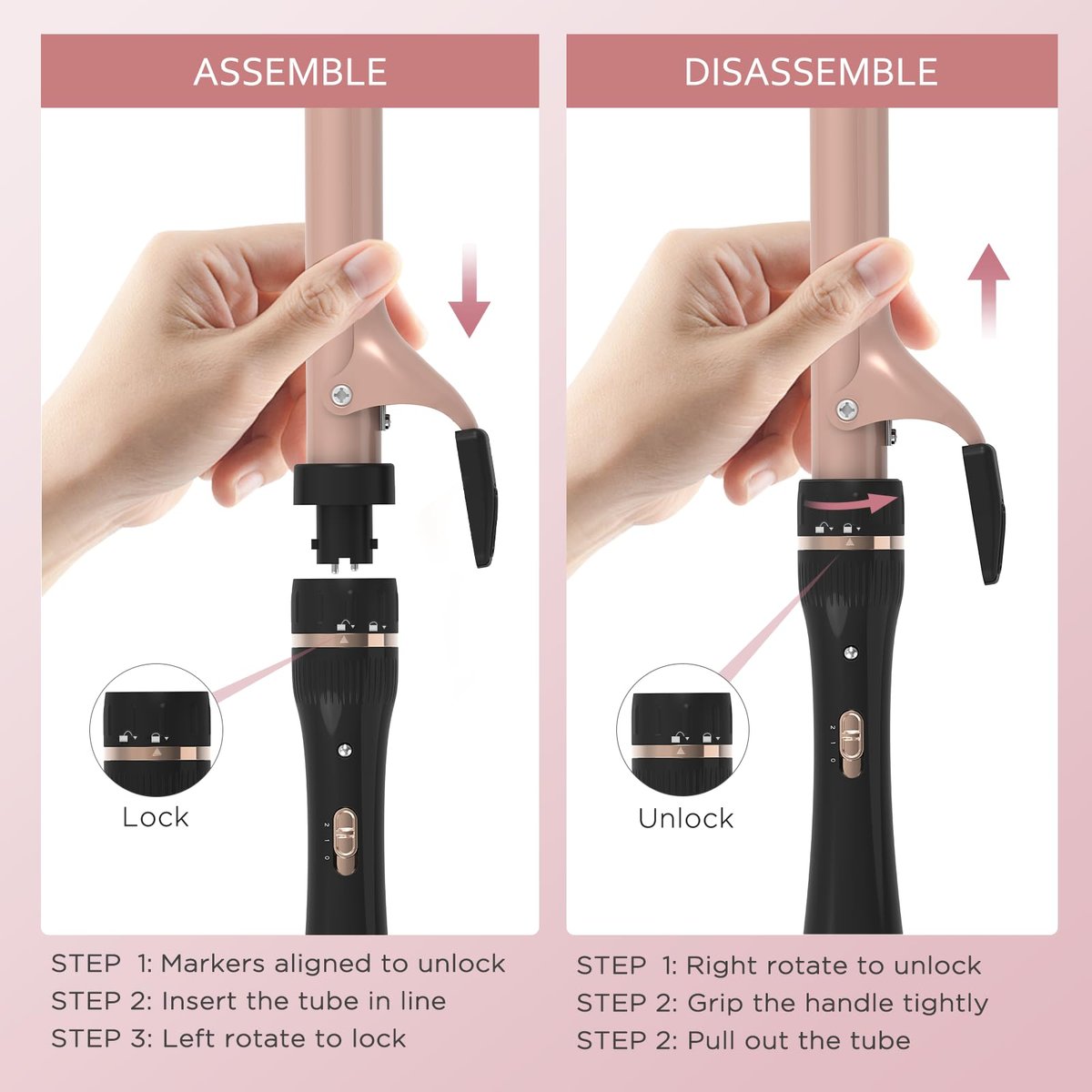 javelove 3 in 1 Curling Iron Set with Thermal Brush (1.5") and 2 Interchangeable Ceramic Curling Wands (0.51"-1"), 2 Temp Heating Setting, Heat Protective Glove & 2 Clips & Storage Bag - Pink - görsel 13