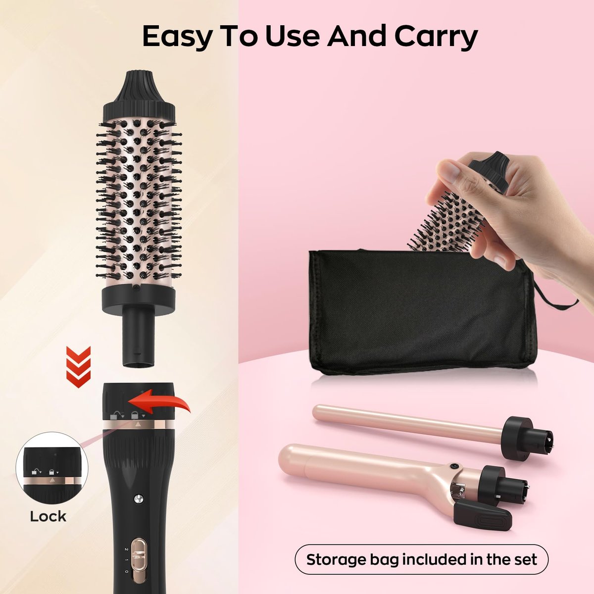 javelove 3 in 1 Curling Iron Set with Thermal Brush (1.5") and 2 Interchangeable Ceramic Curling Wands (0.51"-1"), 2 Temp Heating Setting, Heat Protective Glove & 2 Clips & Storage Bag - Pink - görsel 11