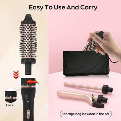 javelove 3 in 1 Curling Iron Set with Thermal Brush (1.5") and 2 Interchangeable Ceramic Curling Wands (0.51"-1"), 2 Temp Heating Setting, Heat Protective Glove & 2 Clips & Storage Bag - Pink
